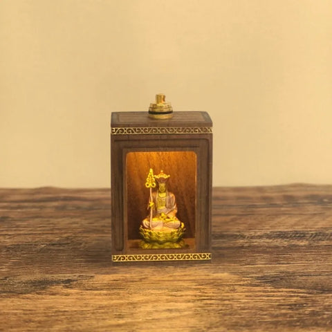 Walnut Travel Shrine with Light – Painted Copper Ksitigarbha