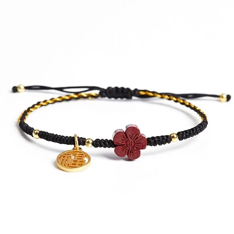 Red String Bracelet with Little Red Flower Charm - Good Luck & Energy