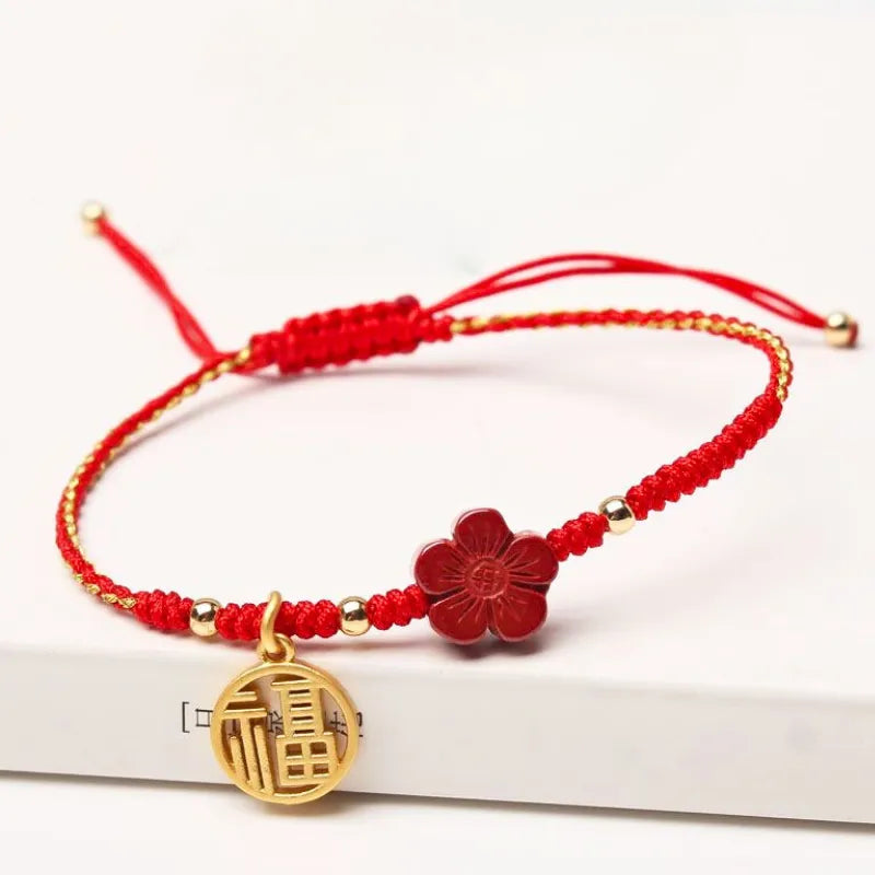 Red String Bracelet with Little Red Flower Charm - Good Luck & Energy
