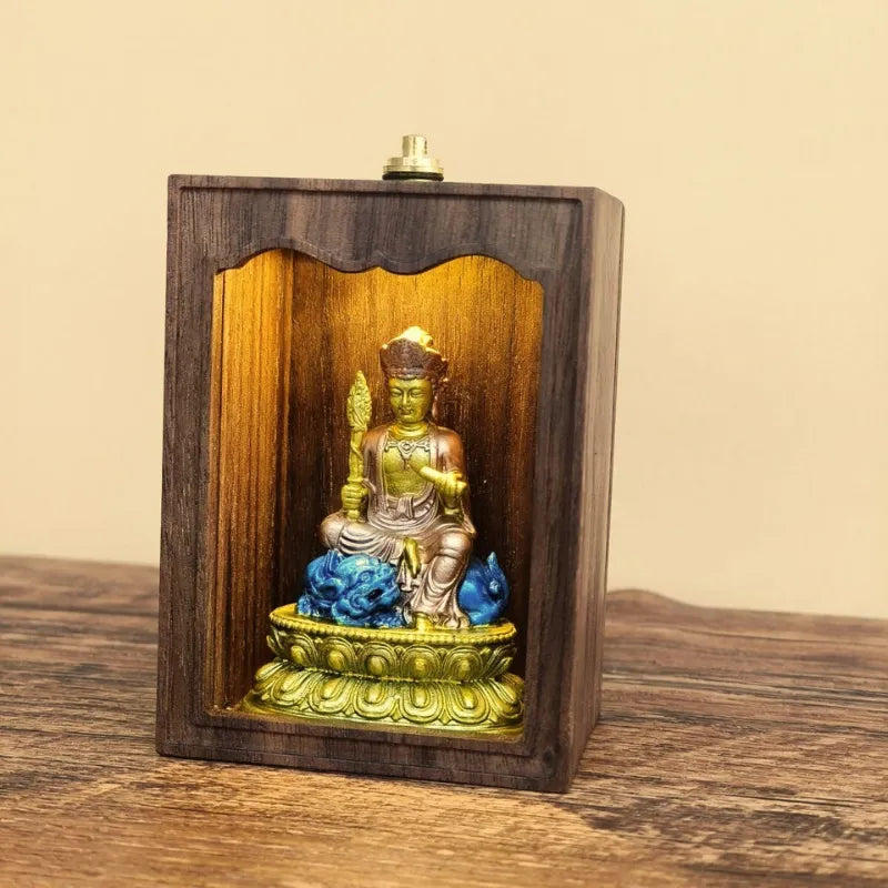 Mini Shrine with Light & Door – Painted Manjushri or Samantabhadra