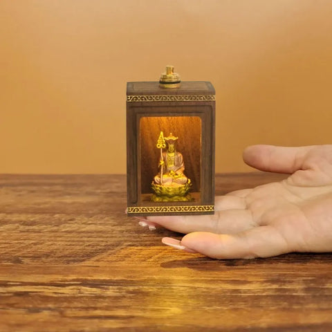 Walnut Travel Shrine with Light – Painted Copper Ksitigarbha