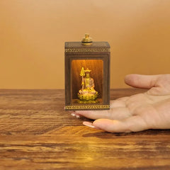 Walnut Travel Shrine with Light – Painted Copper Ksitigarbha
