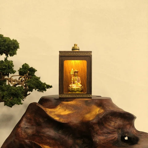 Walnut Travel Shrine with Light – Painted Copper Ksitigarbha