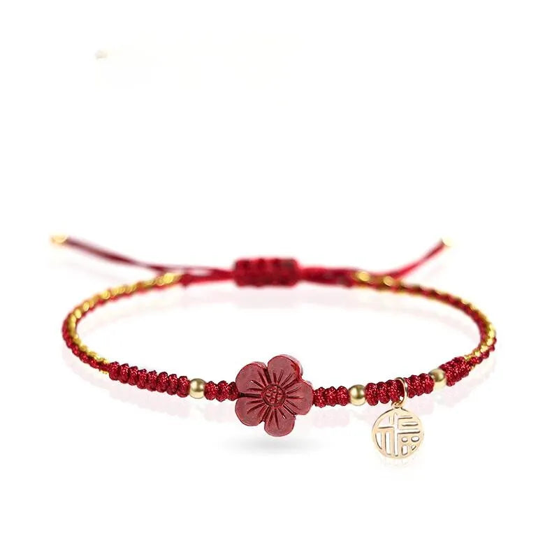 Red String Bracelet with Little Red Flower Charm - Good Luck & Energy