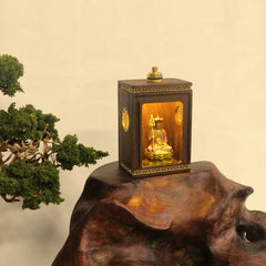 Walnut Travel Shrine with Light – Painted Copper Ksitigarbha