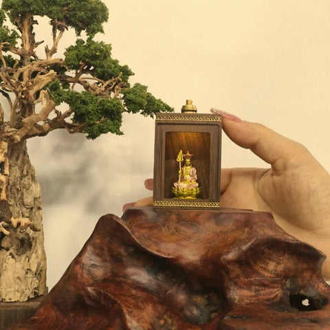 Walnut Travel Shrine with Light – Painted Copper Ksitigarbha