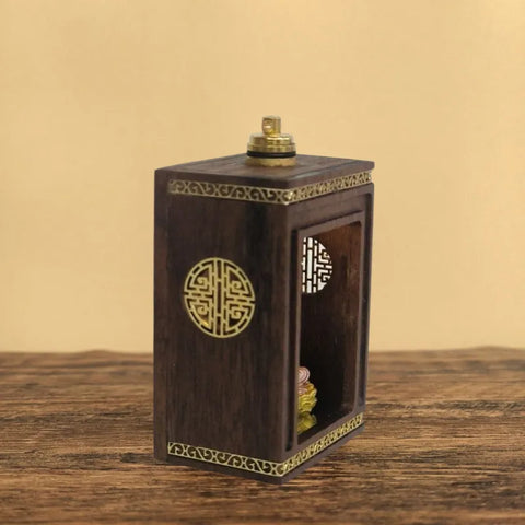 Walnut Travel Shrine with Light – Painted Copper Ksitigarbha