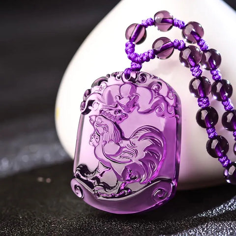 Pendentif améthyste avec breloque de protection et signe du zodiaque chinois