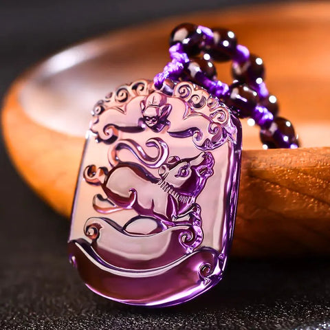 Pendentif améthyste avec breloque de protection et signe du zodiaque chinois