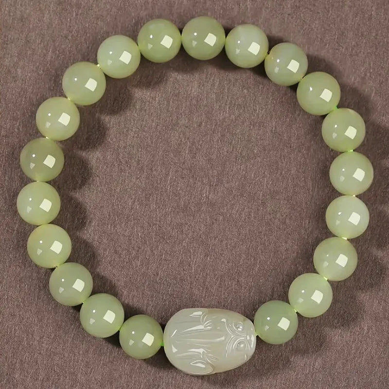Bracelet de richesse Pixiu en jade vert et pierre de Bouddha