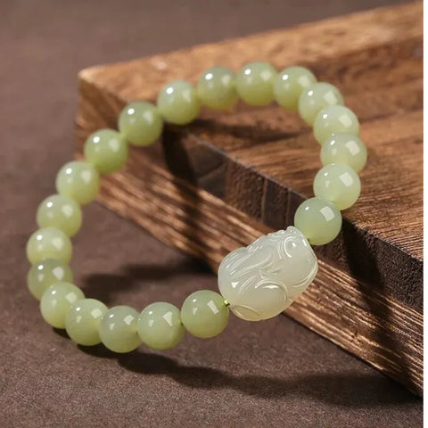 Bracelet de richesse Pixiu en jade vert et pierre de Bouddha