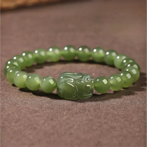 Bracelet de richesse Pixiu en jade vert et pierre de Bouddha