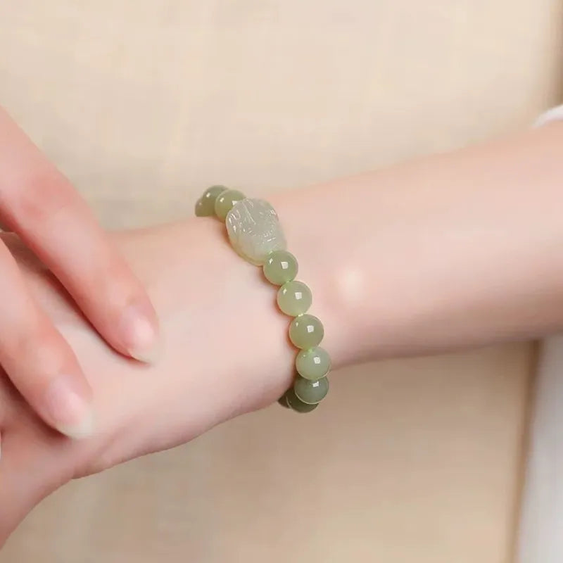 Bracelet de richesse Pixiu en jade vert et pierre de Bouddha