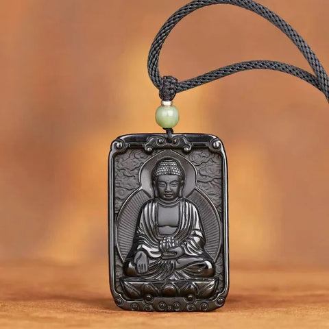 Pendentif Bouddha Feng Shui en obsidienne noire et pierre de naissance