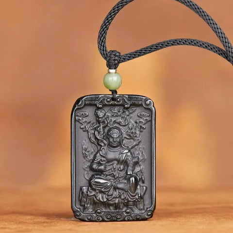 Pendentif Bouddha Feng Shui en obsidienne noire et pierre de naissance