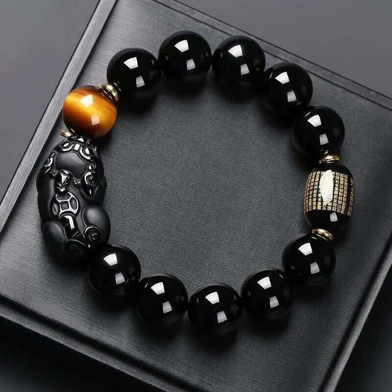 Natural Black Obsidian Pixiu Bracelet - For Protection & Wealth