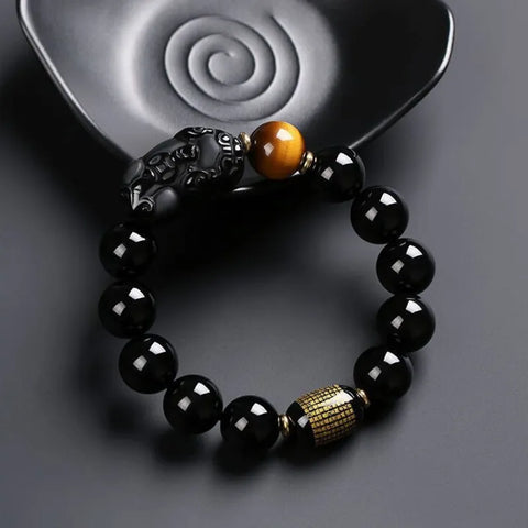 Bracelet Pixiu en obsidienne noire naturelle – Pour la protection et la richesse