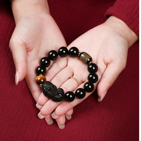 Bracelet Pixiu en obsidienne noire naturelle – Pour la protection et la richesse