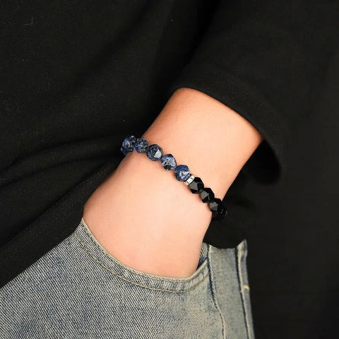 Bracelet de protection en pierre naturelle à motifs bleus et agate noire