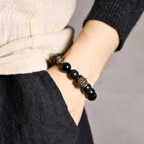Natürliches Freiform-Perlenarmband aus schwarzem Ebenholz und schwarzem Obsidian