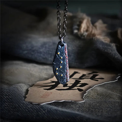 Collier taoïste Beidou Seven Stars en argent sterling doré, incrusté de vermillon, fabriqué à la main