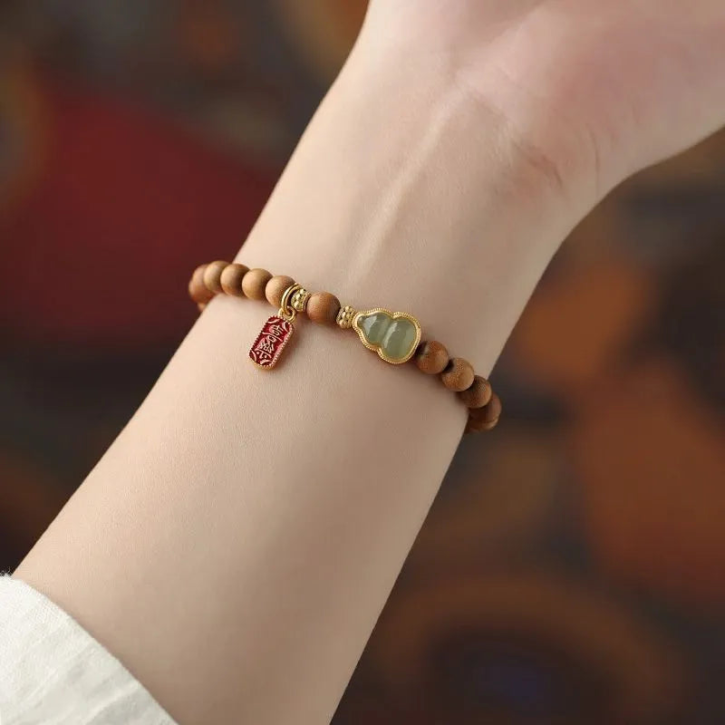 Taoist Feng Shui Sandalwood Jade Gourd Bracelet - For Harmony & Protection