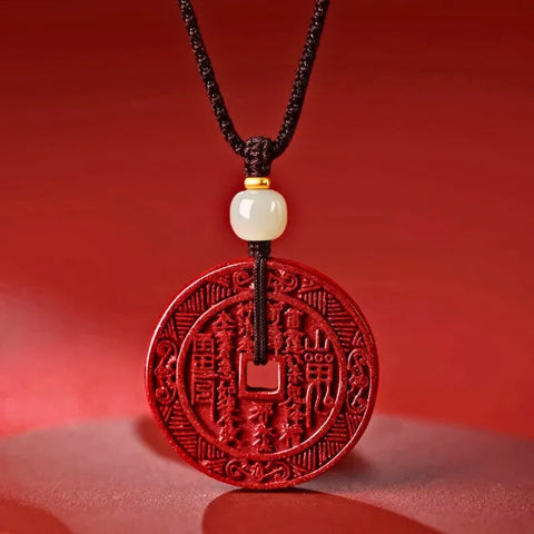 Taoistischer Berggeist-Münzen-Amulett-Anhänger in Zinnoberrot – für Schutz und Frieden