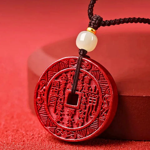 Taoistischer Berggeist-Münzen-Amulett-Anhänger in Zinnoberrot – für Schutz und Frieden
