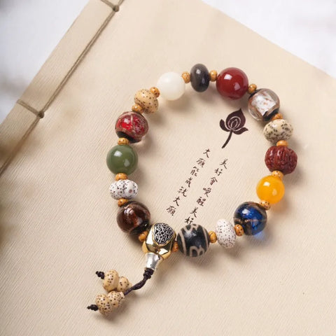 Bracelet tibétain en perles Bodhi, étoile et lune – Pour dissiper les soucis et guérir