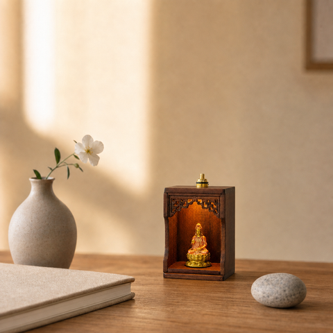 Handcrafted Walnut Mini Guanyin Shrine with Warm Light | Hand-Painted Copper Statue