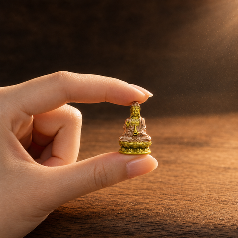Handcrafted Walnut Mini Guanyin Shrine with Warm Light | Hand-Painted Copper Statue